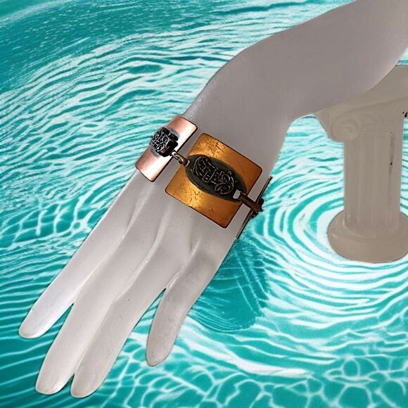 Vintage Copper Bracelet Music Notes Treble Clef Square Panel Links MCM Chunky - Picture 16 of 16